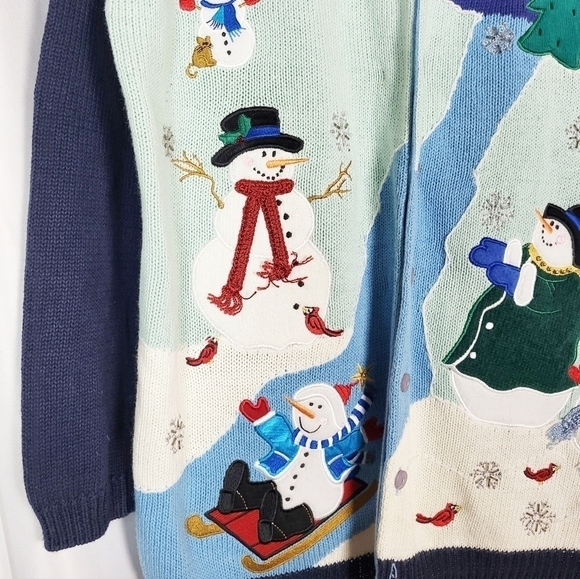 VTG QUACKER FACTORY Snowmen Christmas cardigan ugly sweater - Picture 4 of 6